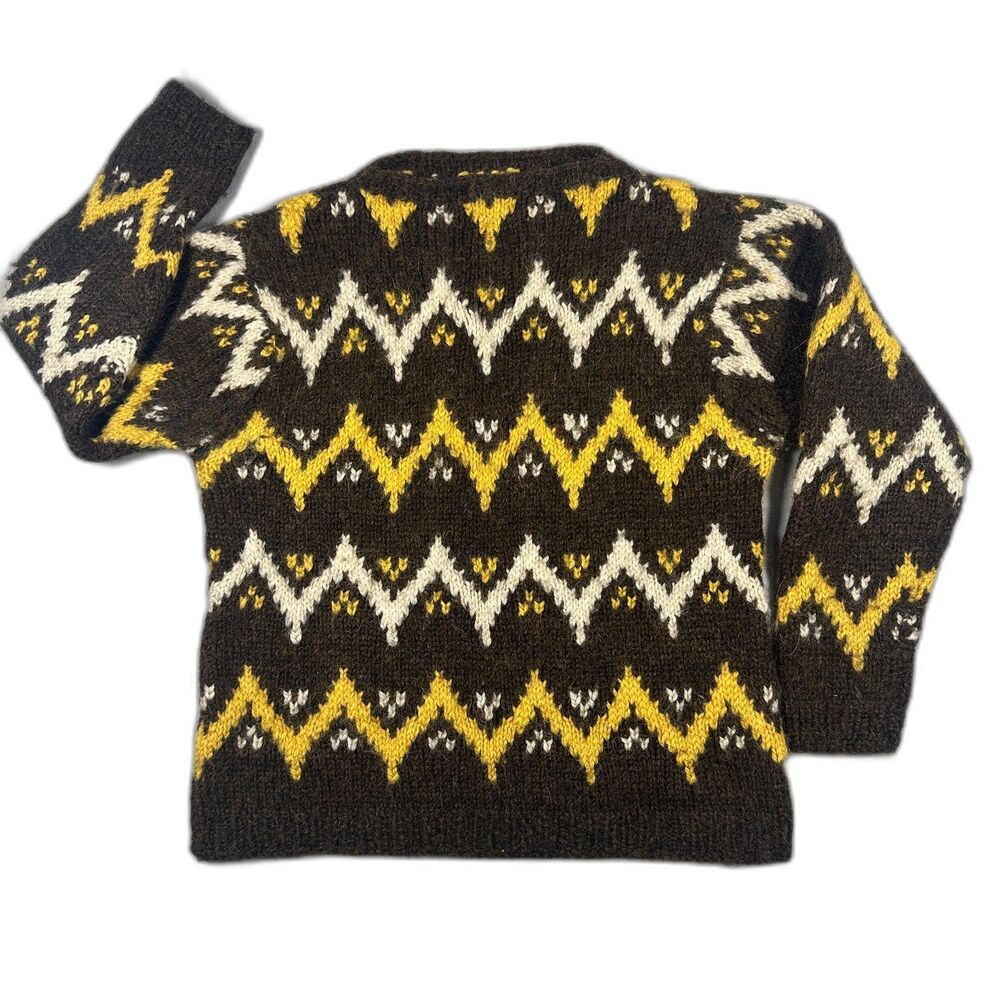Vintage Handmade Fair Isle V Neck Sweater Mens S Womens M Yellow Brown Wool Knit